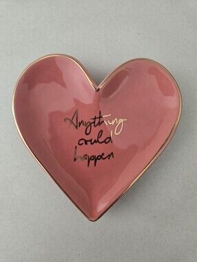 Anything Could Happen Gold Etch Pink Heart Ceramic Trinket Jewelry Dish Tray